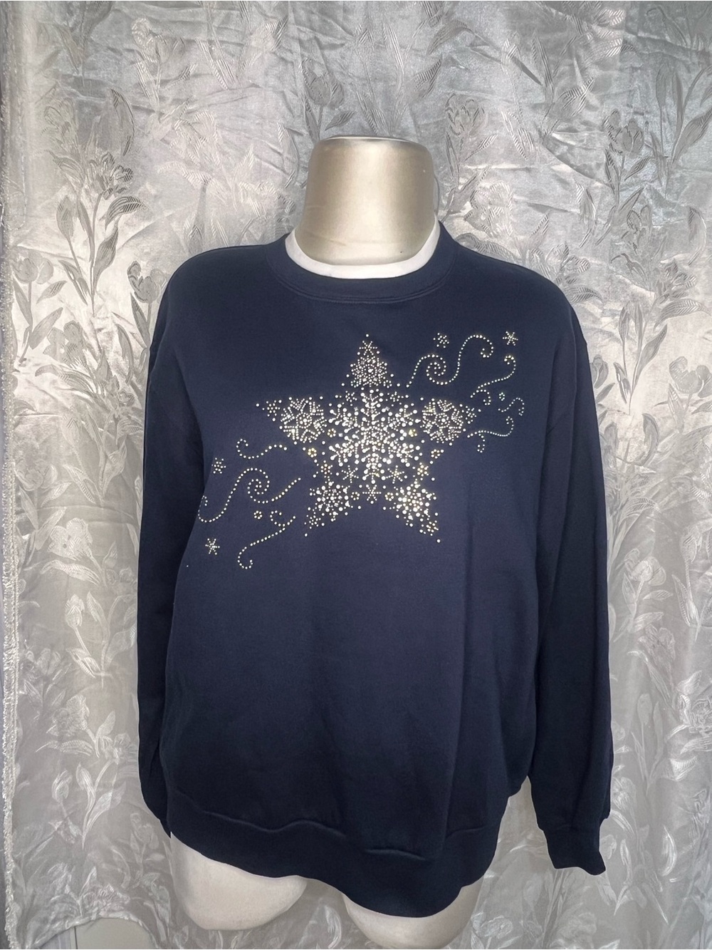 Men's Navy Crewneck Sweatshirt with Silver Starburst Embellishment